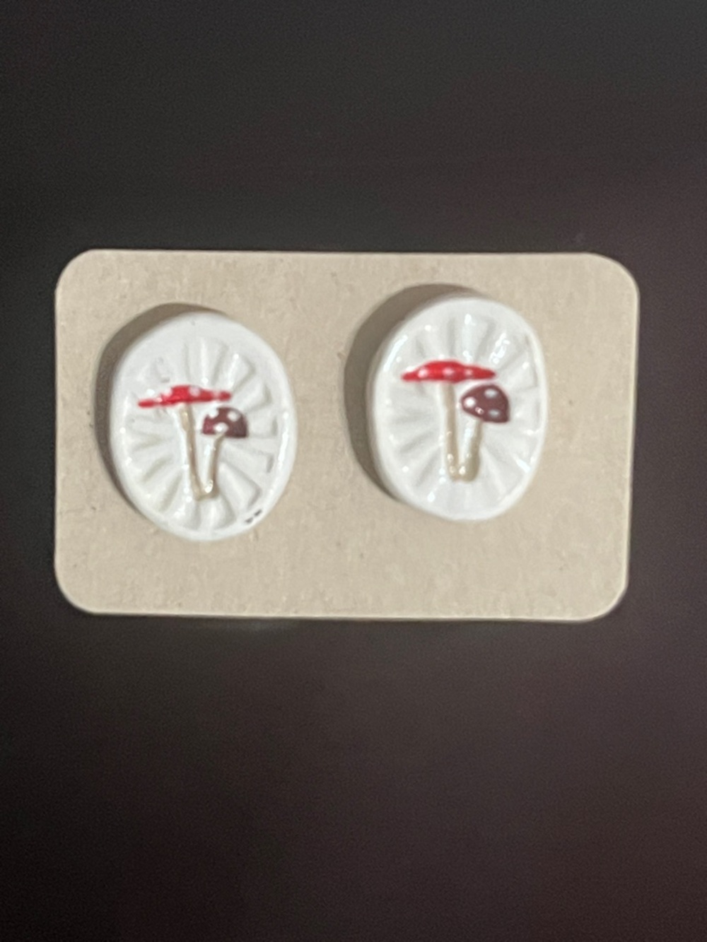 Cute Mushroom Ceramic Stud Earrings in White and Red